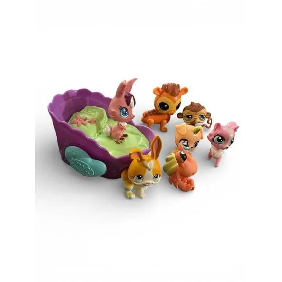 Littlest Pet Shop LPS Lot Bunny Cat Monkey Animal Figures & Purple Bathtub Set - Picture 1 of 3